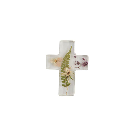 Dried Resin Flower Cross with preserved flowers, fern leaves, and purple petals in clear resin. Available in multiple sizes.