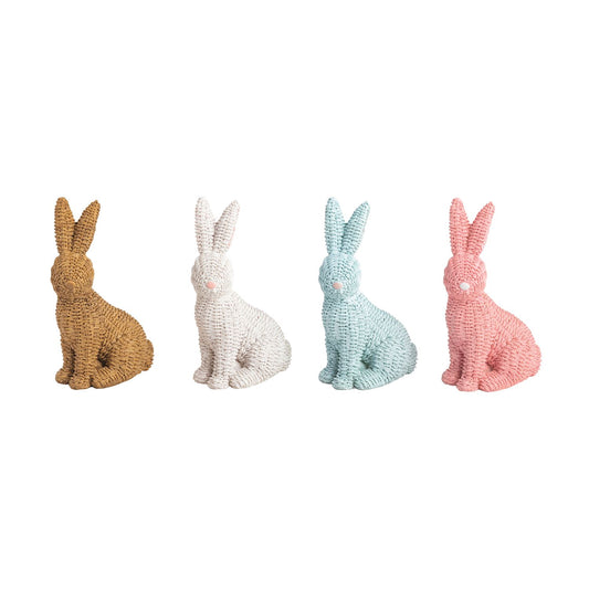 Set of 4 resin bunnies in light brown, white, blue, and pink. Upright. Sizes: small, medium, large.