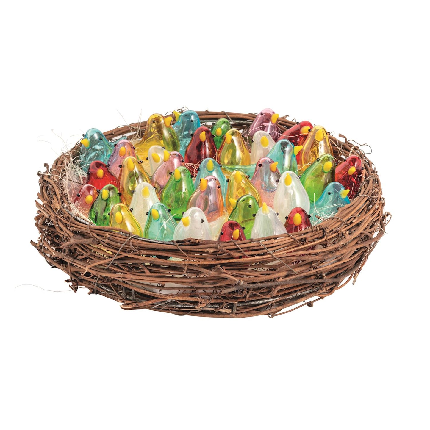 Mini Glass Birds set in a woven nest, in red, yellow, green, pink, and blue. Available in small and medium sizes.