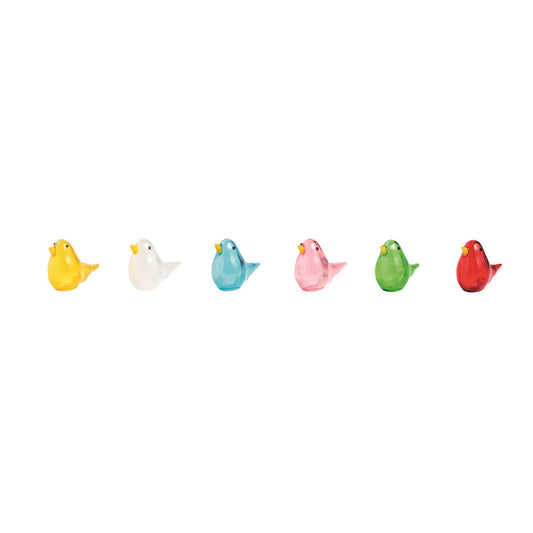 Set of six mini glass birds in yellow, white, blue, pink, green, and red. Available sizes: small.