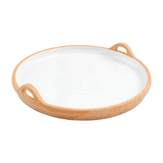 The Terracotta Round Platter is a round serving tray with a white textured surface and light brown edges, featuring two integrated handles. Sizes available: 12-inch, 14-inch, 16-inch.