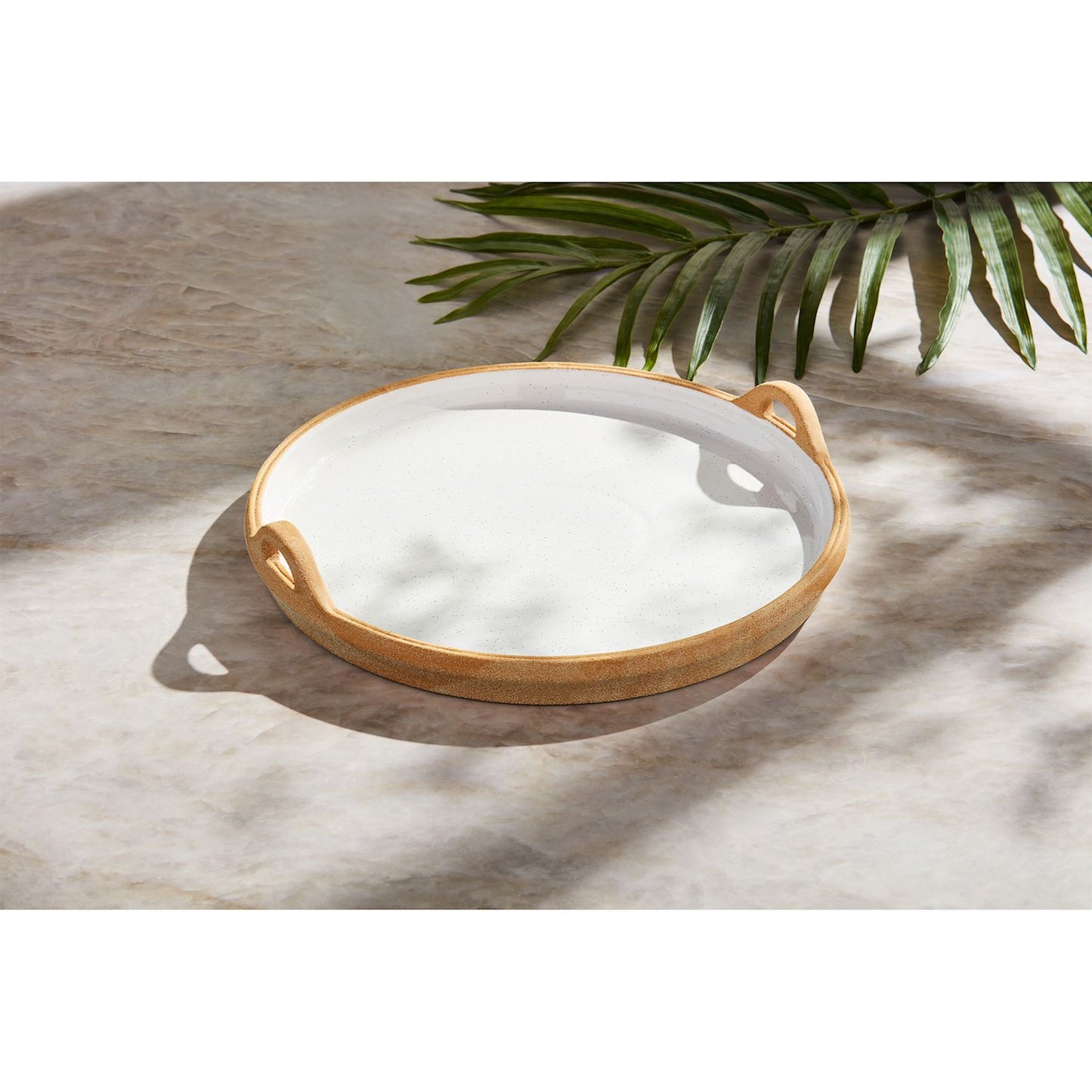 Terracotta Round Platter with two wooden handles. Available sizes: Small, Medium, Large.