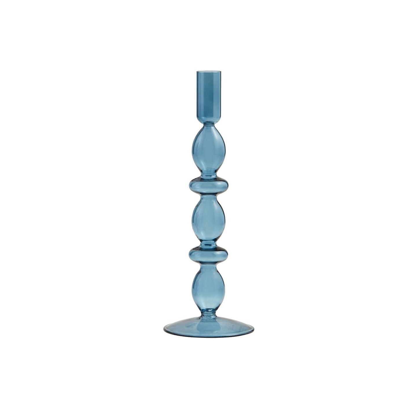 Glass Taper Holder: Tall, blue, hand-blown glass with round base and stacked shapes. Sizes: One size available.