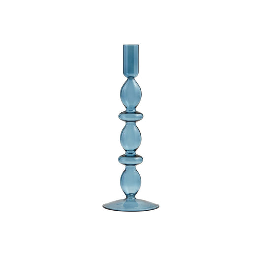 Glass Taper Holder: Tall, blue, hand-blown glass with round base and stacked shapes. Sizes: One size available.