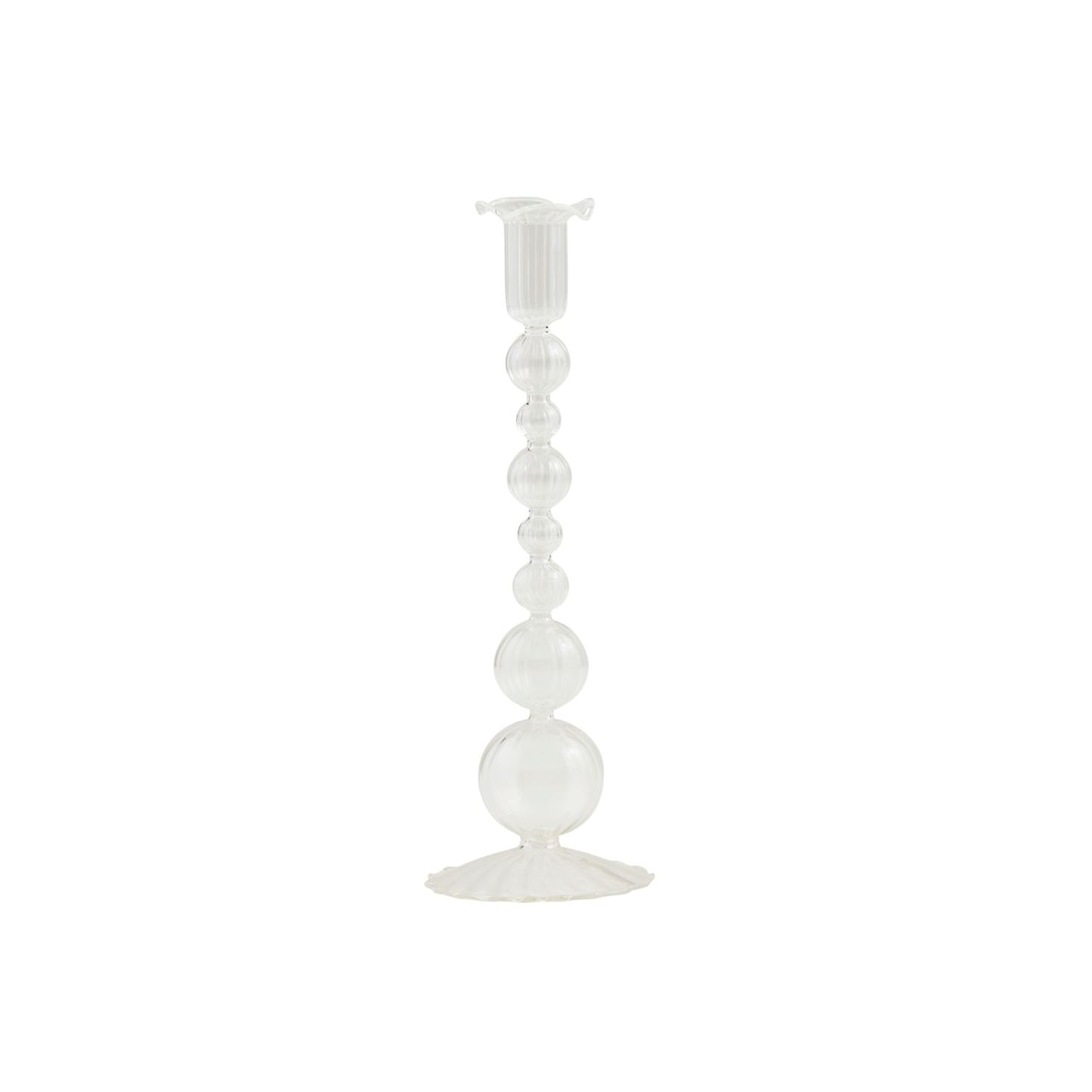 The Glass Taper Holder is a tall, transparent candlestick with stacked sphere stem and wide textured base. Sizes: One size only.