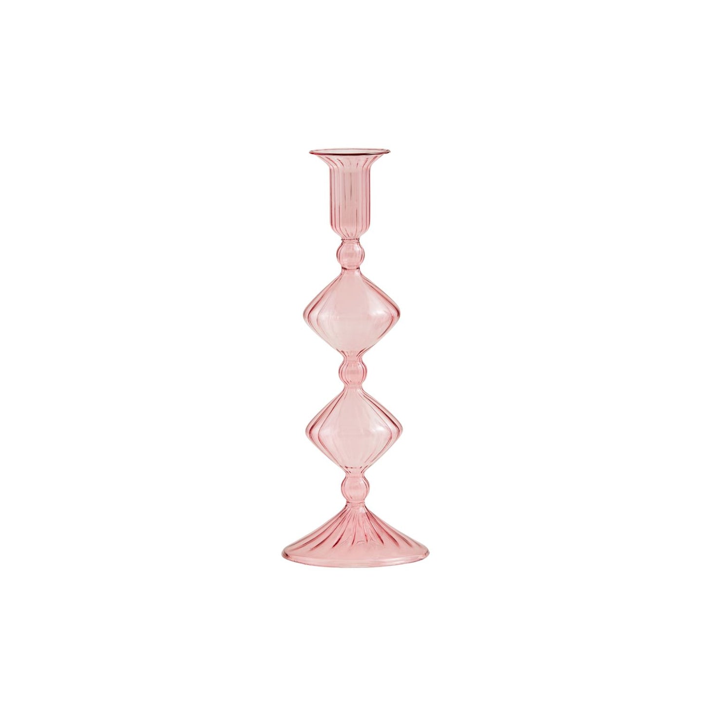 Hand-blown pink Glass Taper Holder with a tall, slim design, features diamond-shaped stem accents and a round, fluted base and top. Sizes available: 10-inch and 12-inch heights.