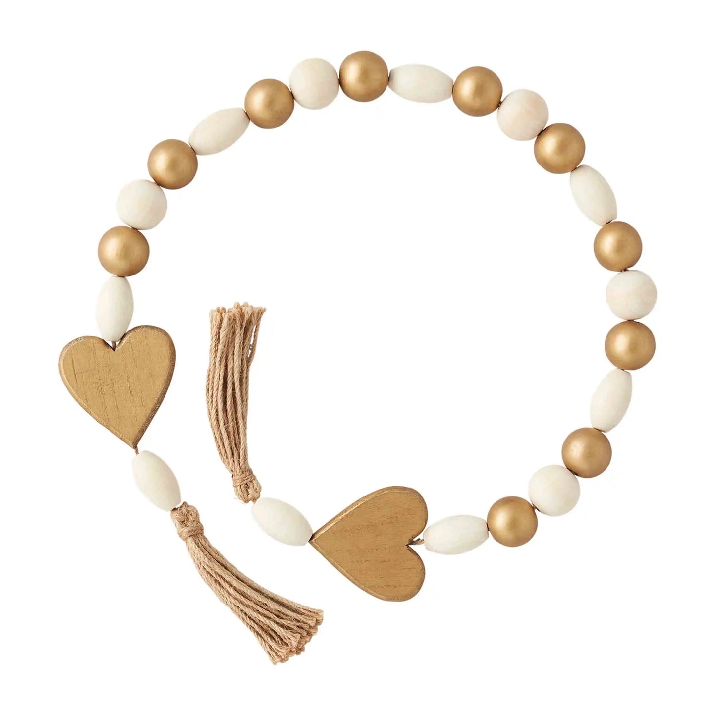 Gold and white bead garland with two gold heart accents, jute tassels at each end; available in 36” and 48” lengths.