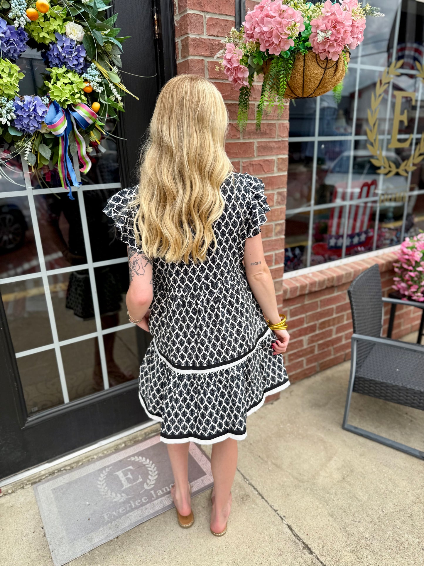 Black Ruffle Baroque Pattern Tiered Dress, available in sizes XS-XL.