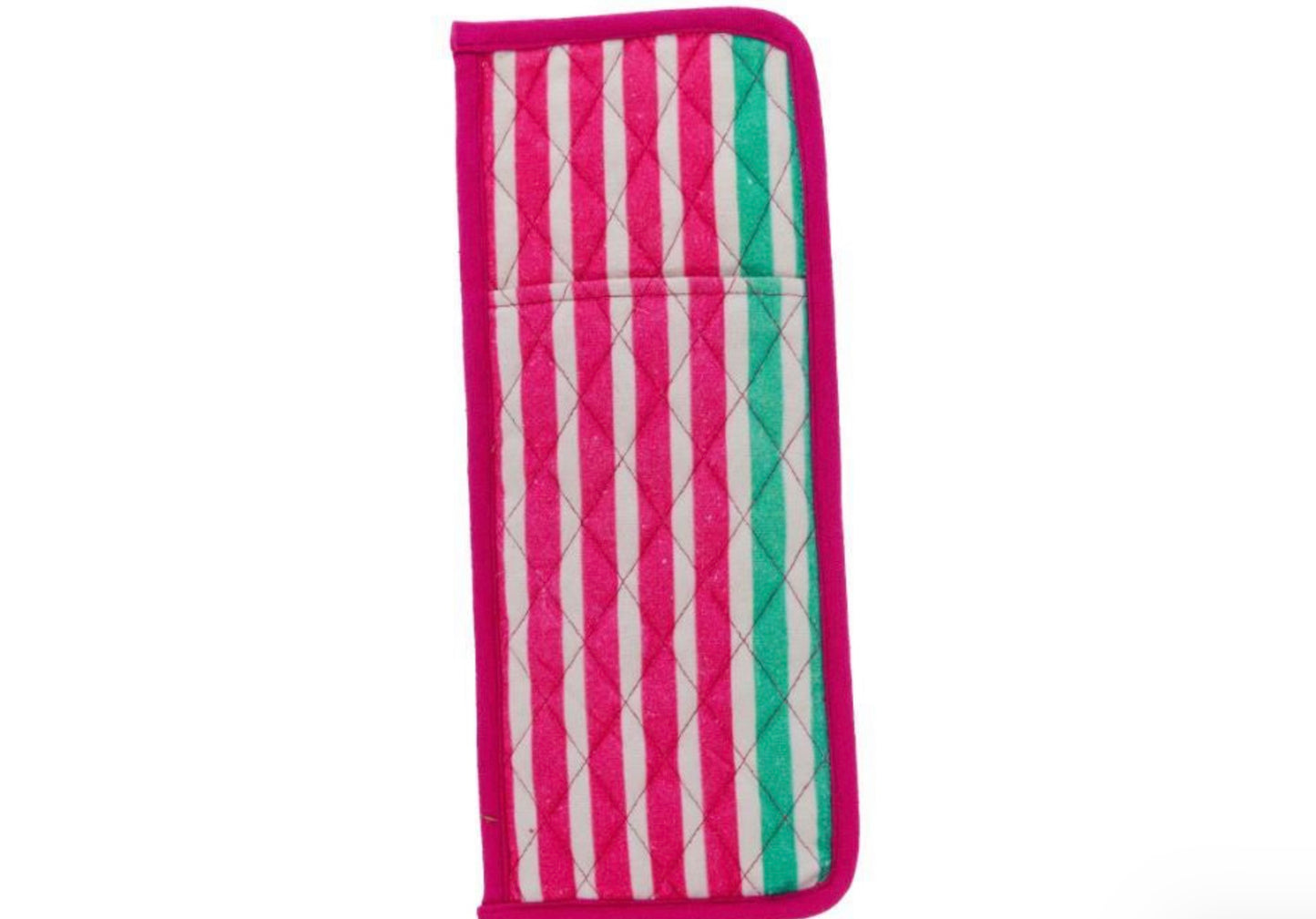 Quilted Stripe Hair Tool Sleeve with pink, red, cream, and green stripes, bright pink trim; available in multiple sizes.
