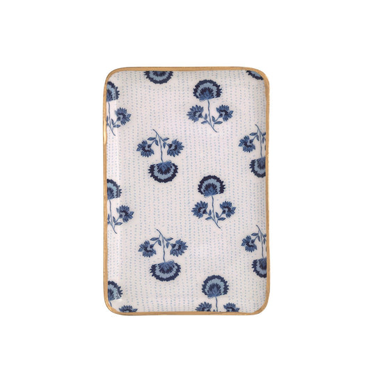 Rectangular ceramic trinket dish with blue floral patterns, gold rim, rounded edges; available in small and large sizes.