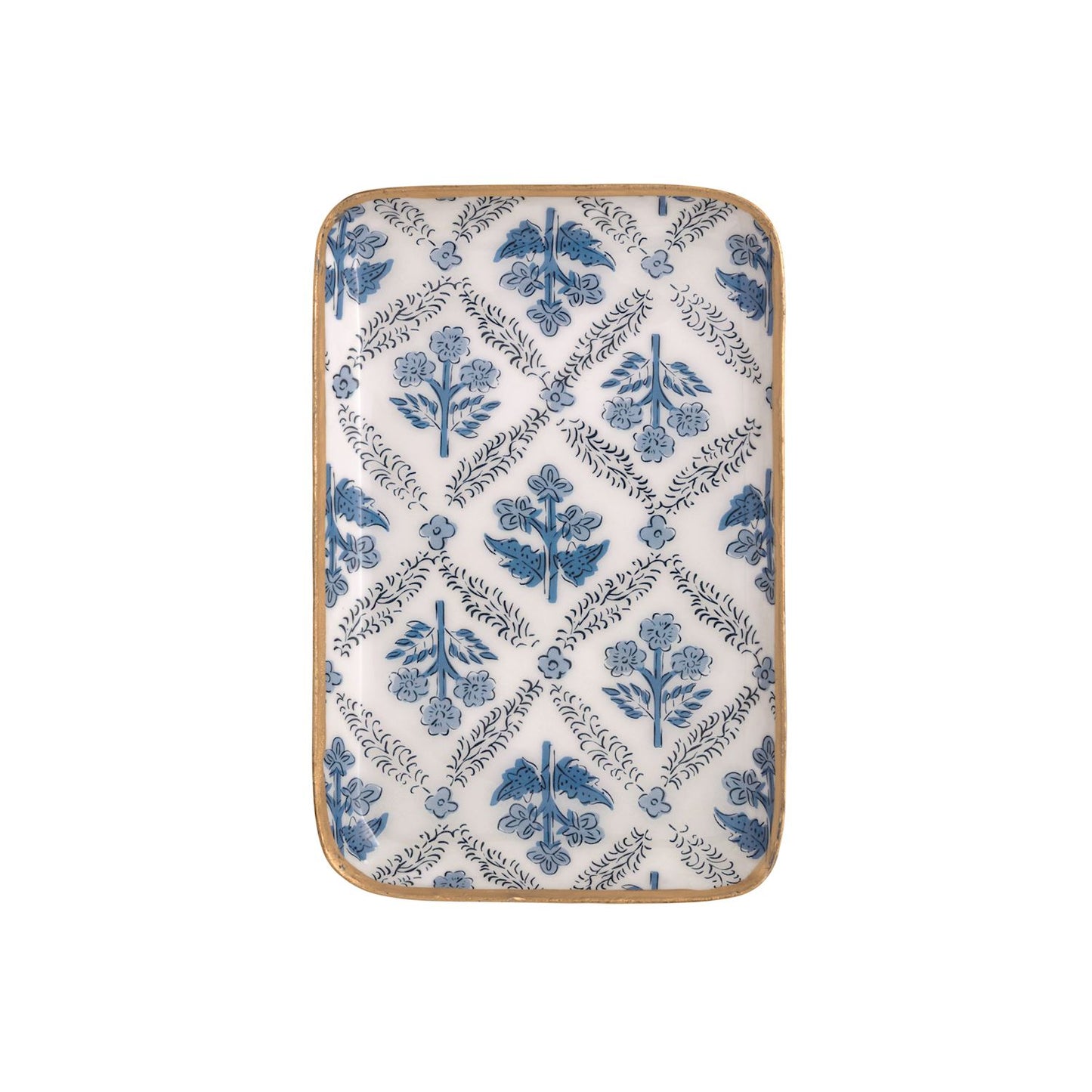 Rectangular ceramic trinket dish with blue floral diamond design, white background, gold edge. Sizes available.