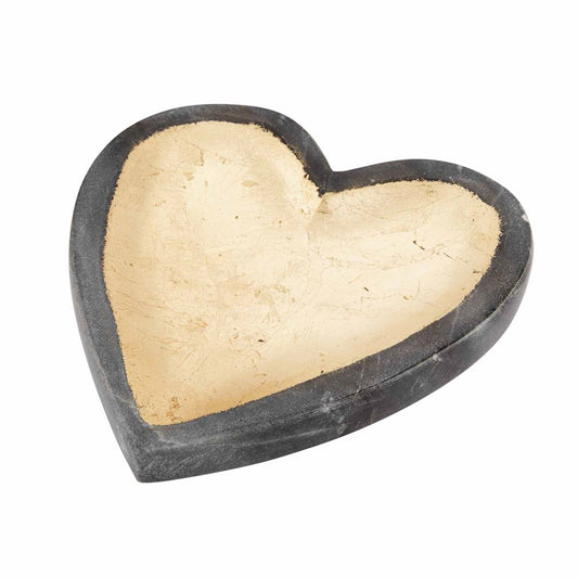 **Marble Heart Trinket Tray**
Heart-shaped, dark gray outer surface, light beige inner surface. Shallow with a slightly rustic finish and gold foil details.
**Sizes Available:**
- Small
- Medium
- Large