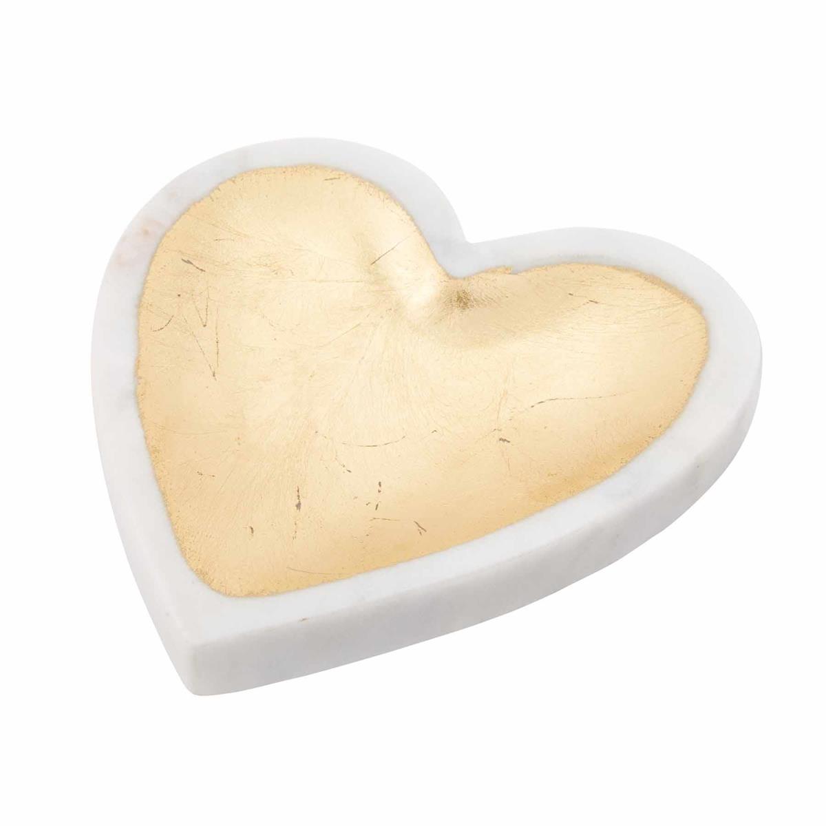 **Marble Heart Trinket Tray**
- Small, heart-shaped dish
- White marble exterior
- Golden interior with minor cracks in gold foil
- Sizes: One size only