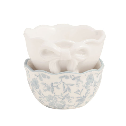 Bow Ramekin Set: white ceramic, decorative bow. Available in 6 oz and 12 oz sizes.