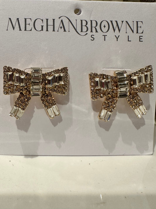 Sparkly bow earrings with rhinestones and baguette crystals. Available sizes: Small, Medium, Large.