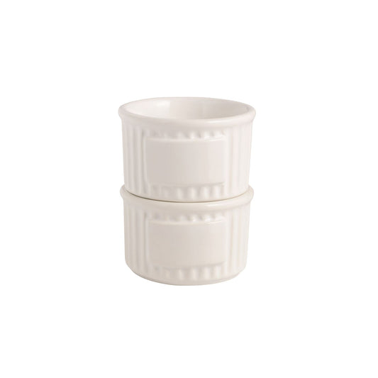 Two white ceramic ramekins with vertical ridges and blank label areas for customization. Available in 4 oz and 6 oz sizes.