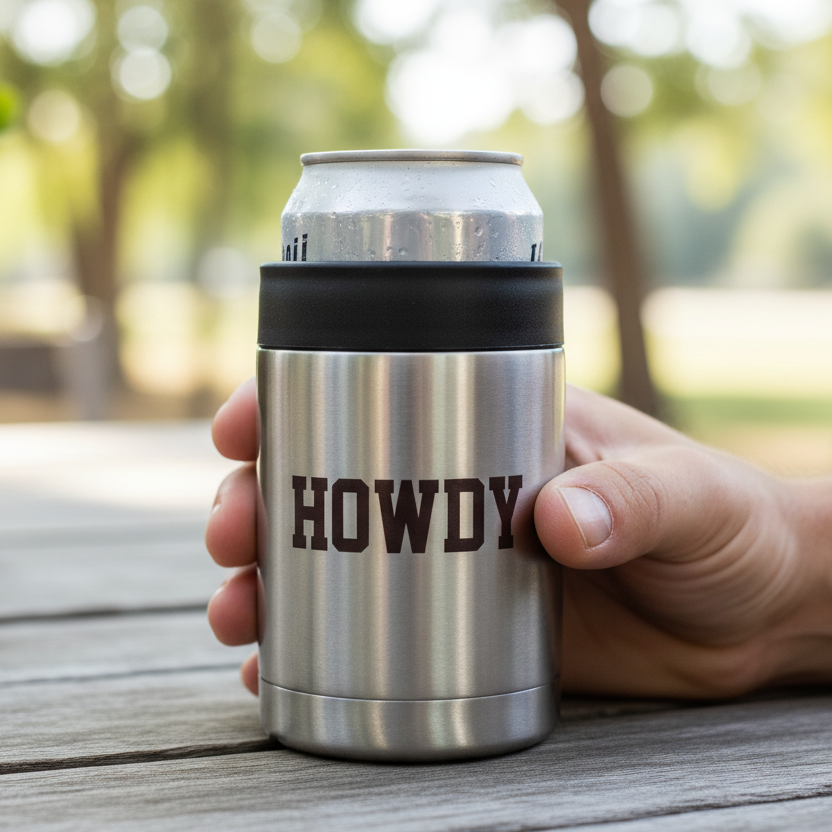The Howdy Koozie is made of stainless steel, printed with “HOWDY,” and available in 12oz size.