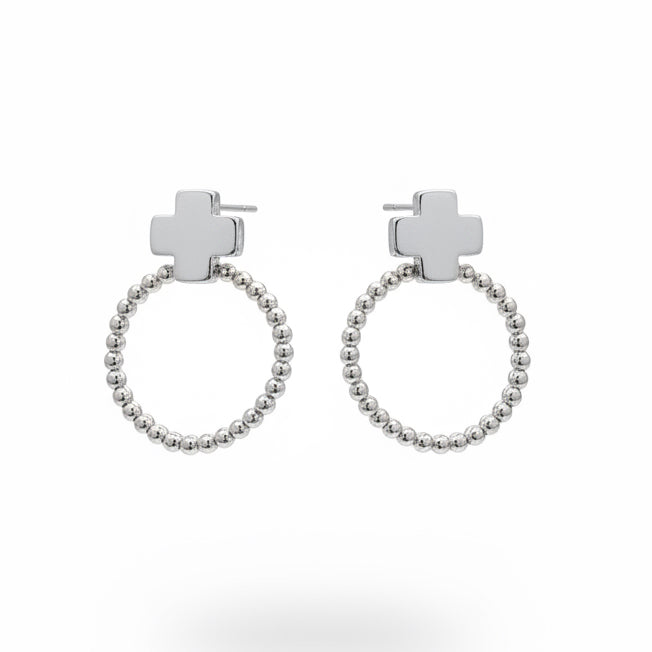 Wade Cross Beaded Hoop Post Earrings by Meghan Browne Style: silver cross stud, dangling hoop with small round beads; available sizes: one size.