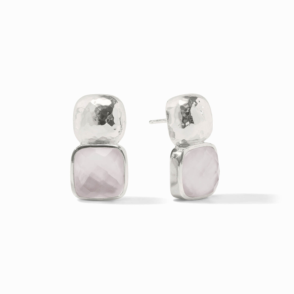 Catalina Earrings with hammered pure silver plate square tops and faceted iridescent clear crystal gemstones. Sizes available.