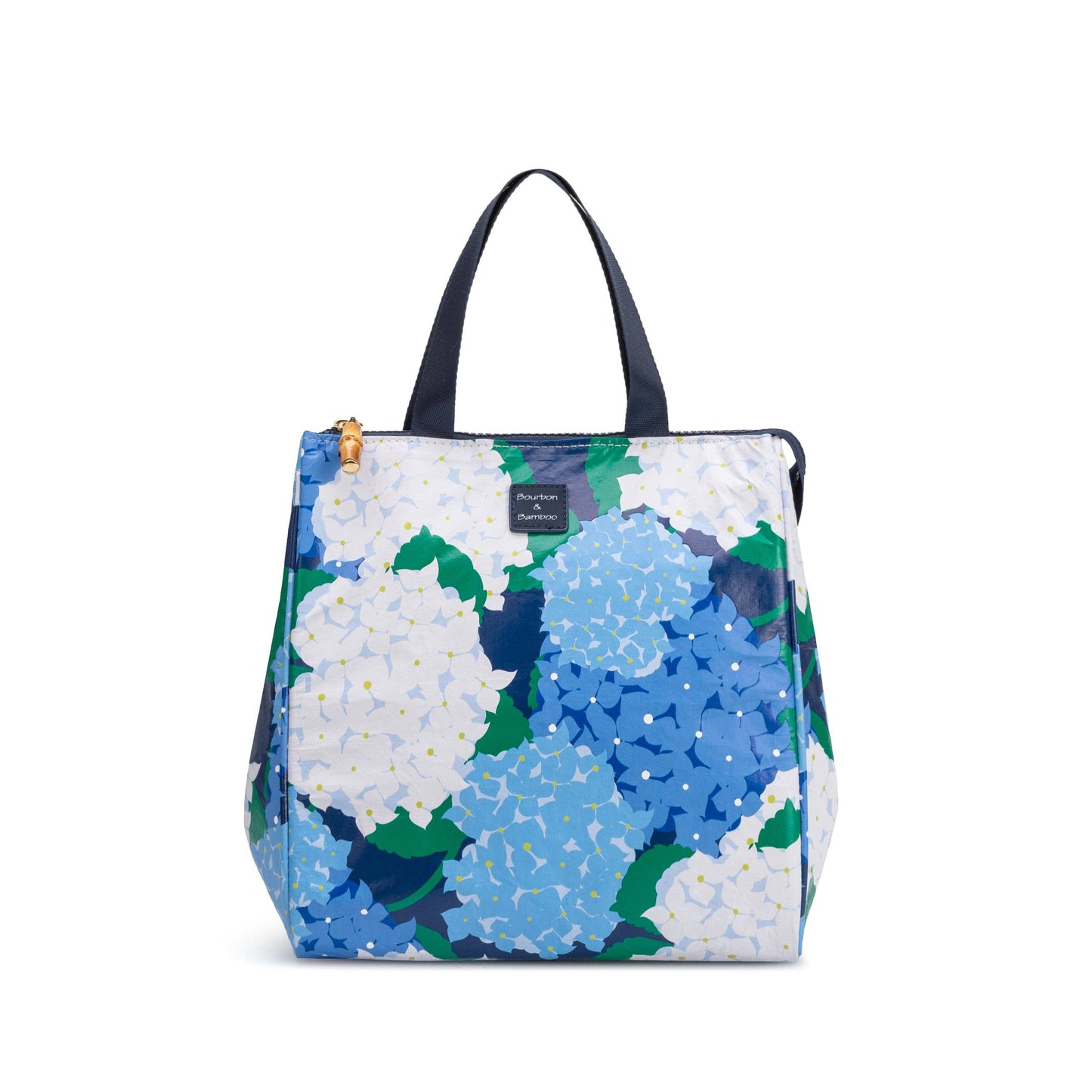 Lunch Tote: Blue Hydrangea—navy handles, blue/white/green floral print, gold zipper, insulated lining. Sizes available.