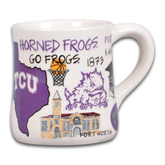 White mug with TCU icons, mascot, and slogans. Available in 11oz and 15oz sizes.