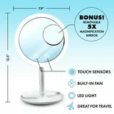 LED Mirror with built-in fan and touch sensors. Travel-friendly design. 7.5" width, 13.5" height, includes removable 5x magnification mirror.