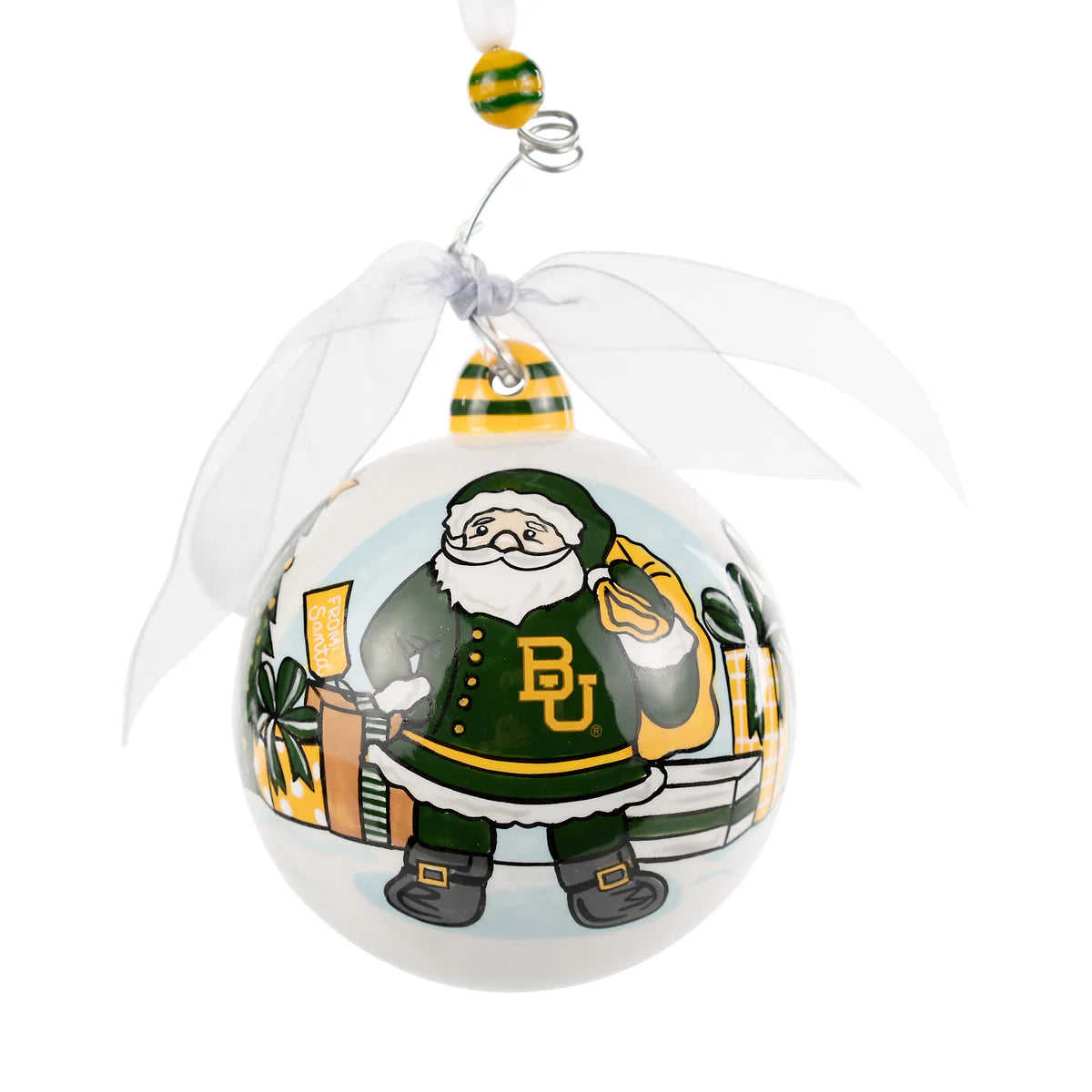 The Merry Christmas Baylor Santa Ornament features Santa in a green and gold outfit with a gift and candy cane, displaying "BU." It includes a white ribbon and spiral hook. Size: One size.