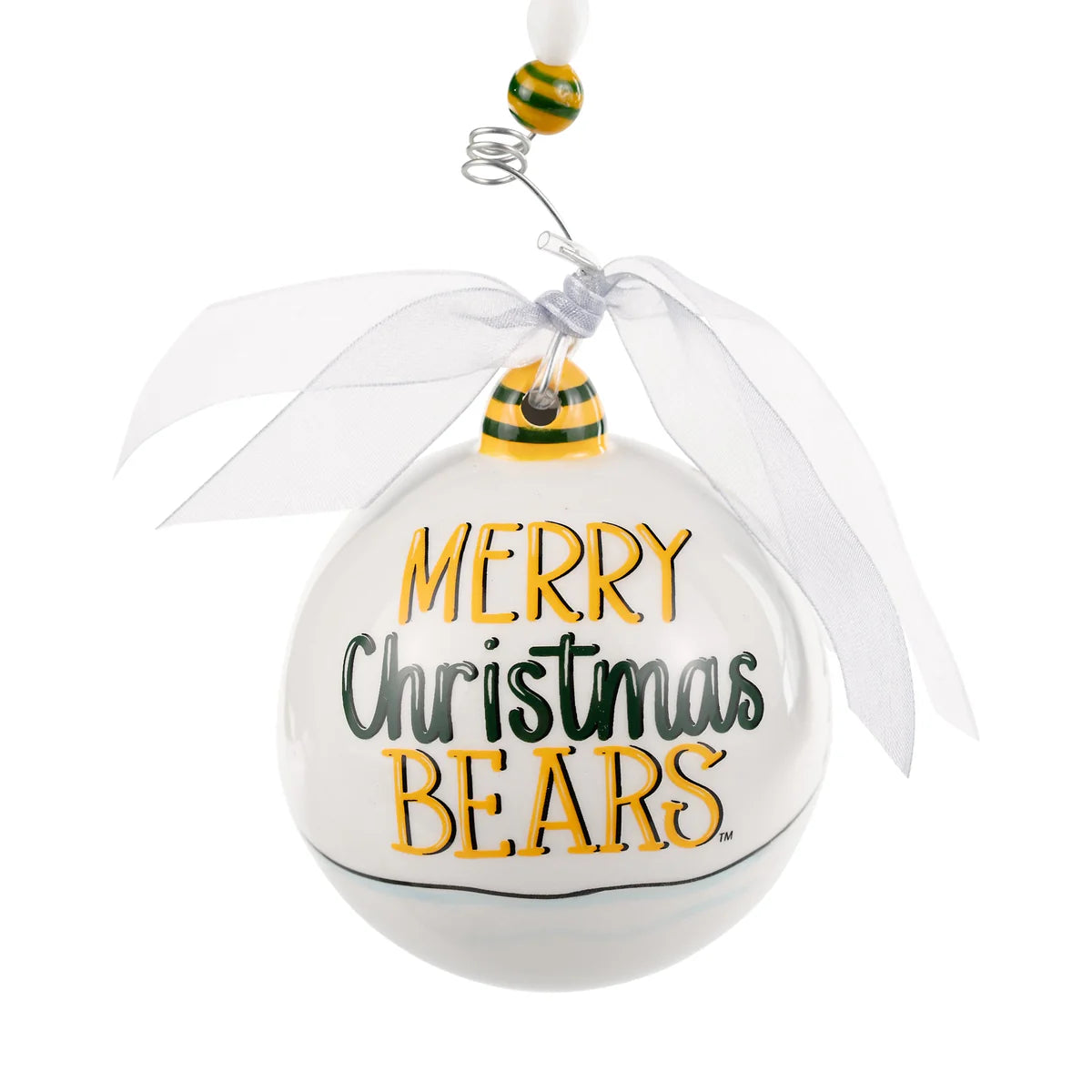 The Merry Christmas Baylor Santa Ornament features "Merry Christmas Bears" on a white background, with green and yellow stripes, a white ribbon, and curly wire. Sizes available: One size.