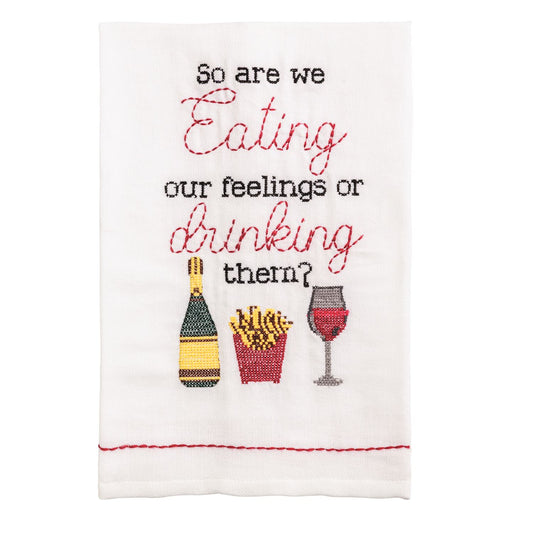 Bar Cross Stitch Towel with black/red embroidery, wine/fries icons, text; sizes available: one size.