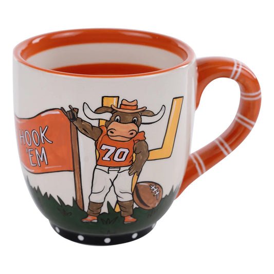 Hand-painted Let's Go Texas Mug with cartoon mascot, orange accents; available in 12oz and 16oz sizes.