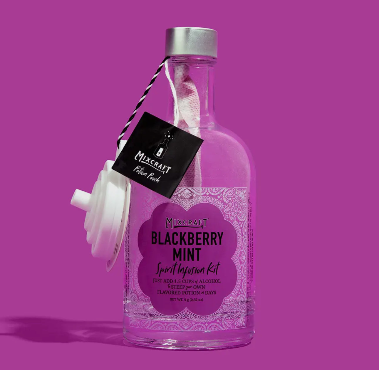 Clear bottle labeled “Spirit InFusion Kit” with purple design, white cap, black tag, and separate white pour spout. Sizes: 375ml, 750ml.