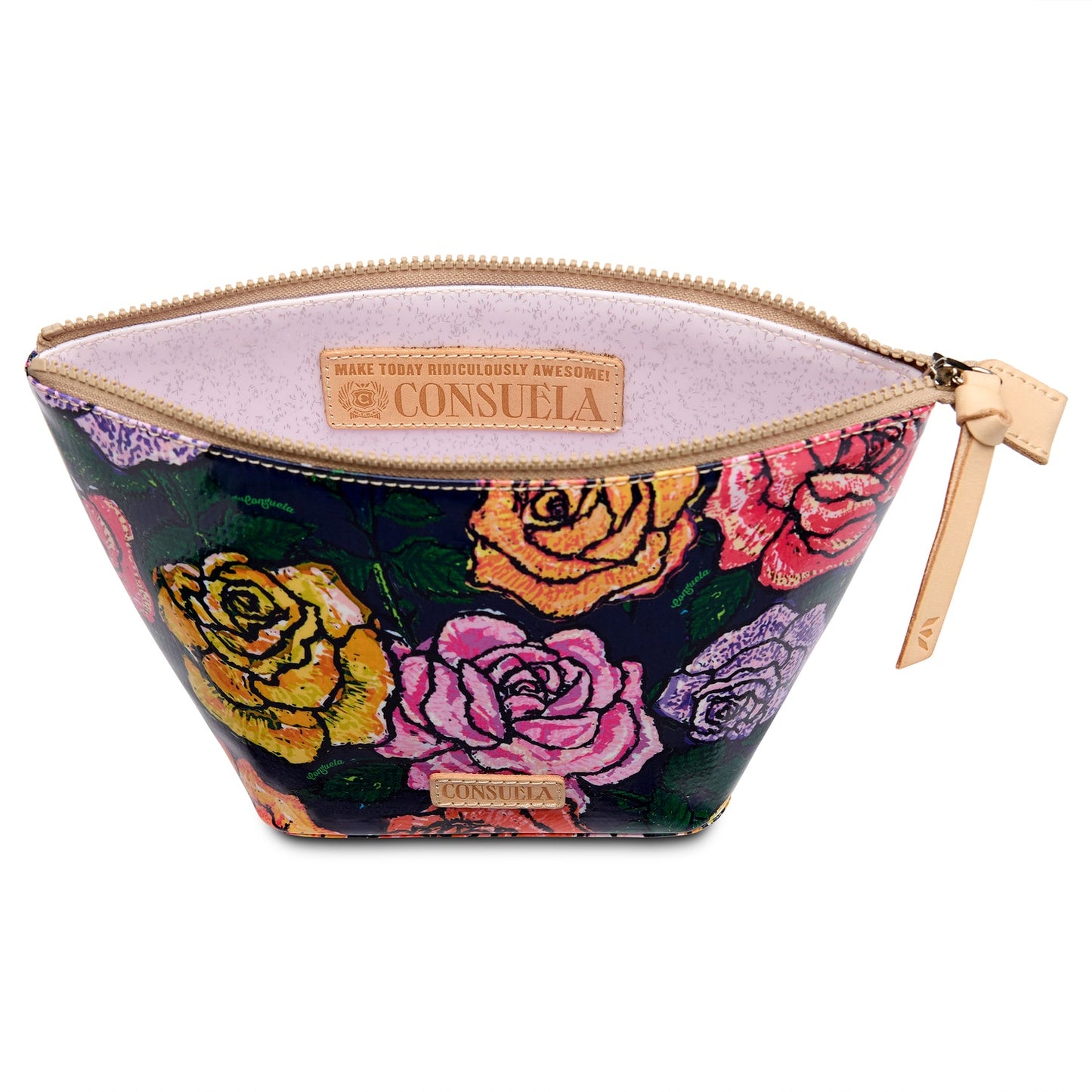 Large zippered pouch with colorful rose pattern, tan leather label and pull, light purple interior. Available in large size.