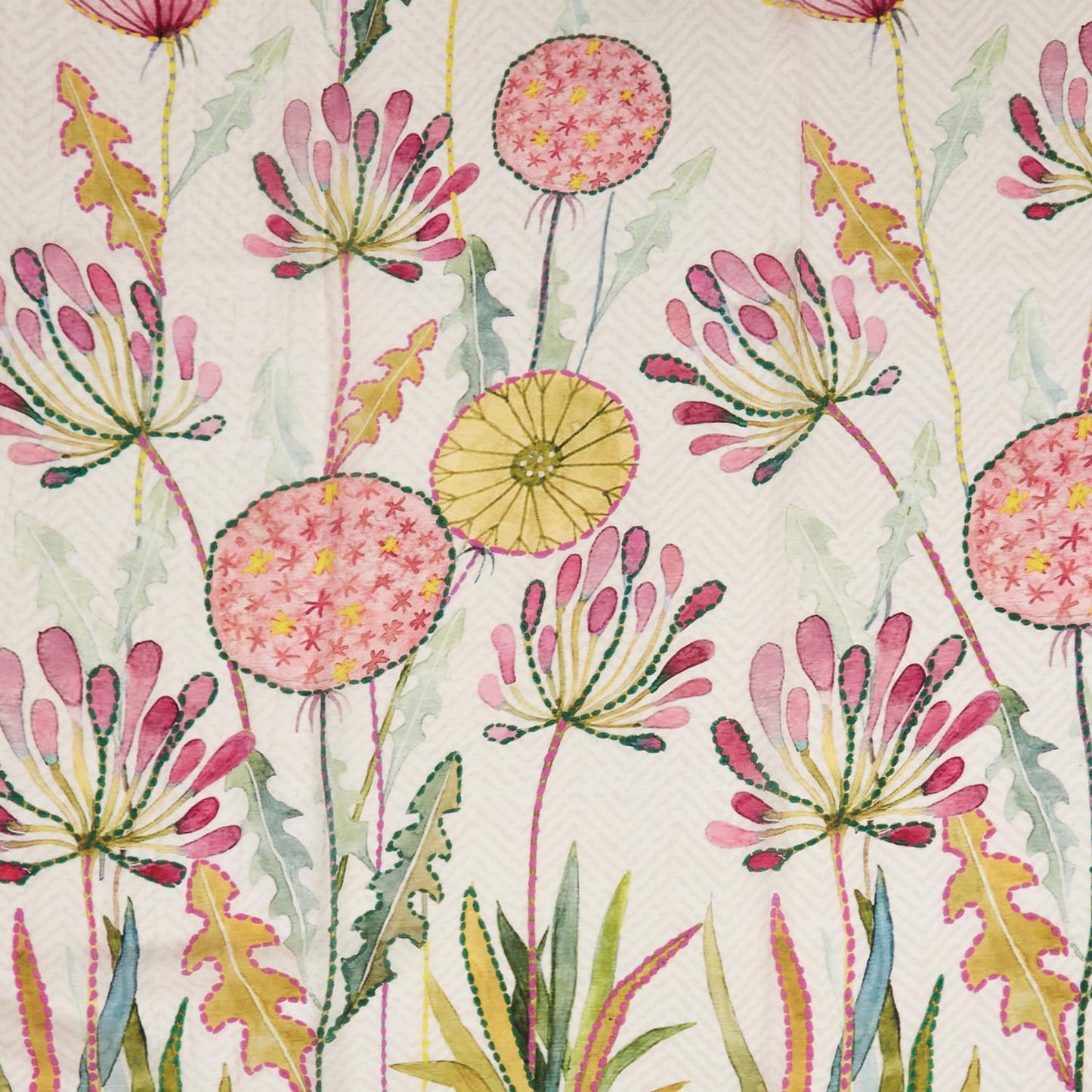 White kimono with pink and yellow watercolor wildflowers, green leaves, zigzag pattern. Available in S, M, L, XL.