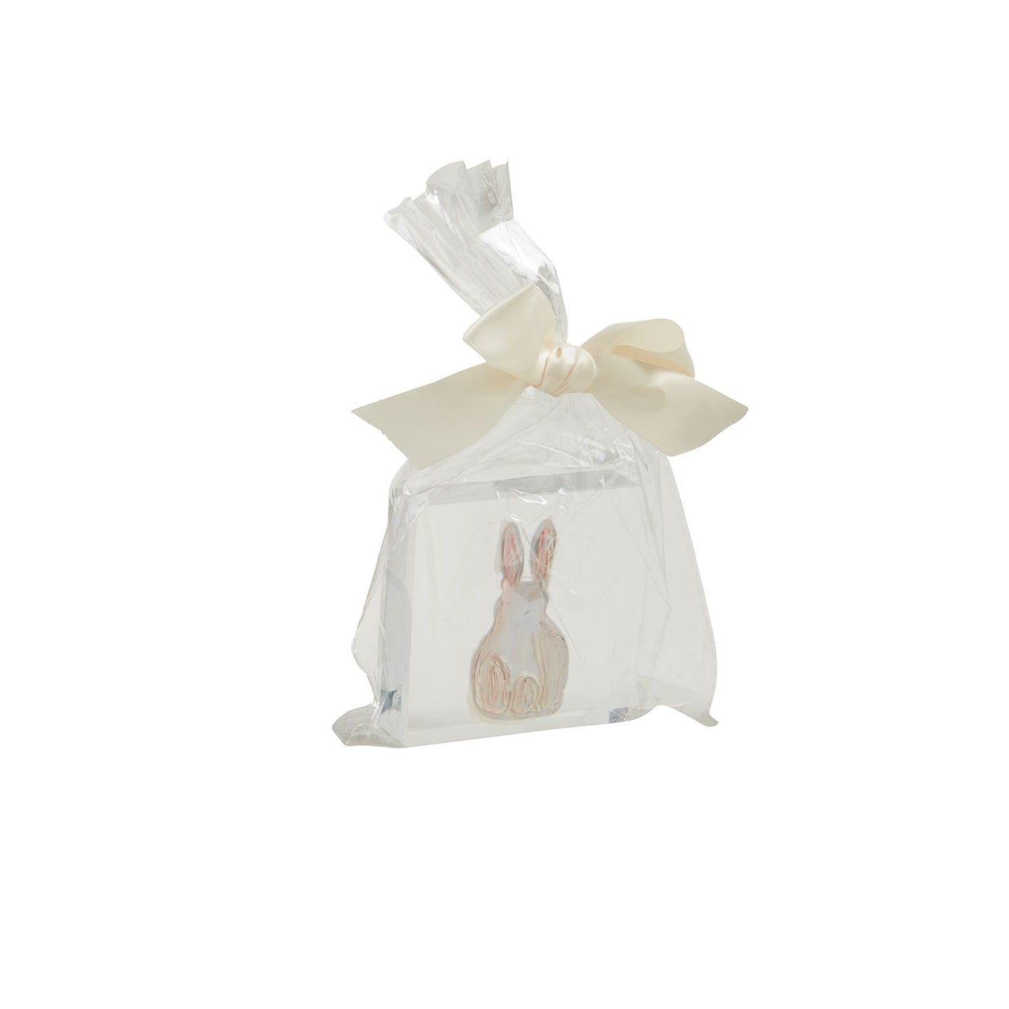 Spring Acrylic Block: Hand-painted decorative piece with a sitting bunny in brown and white hues on a white background. Size: Small.