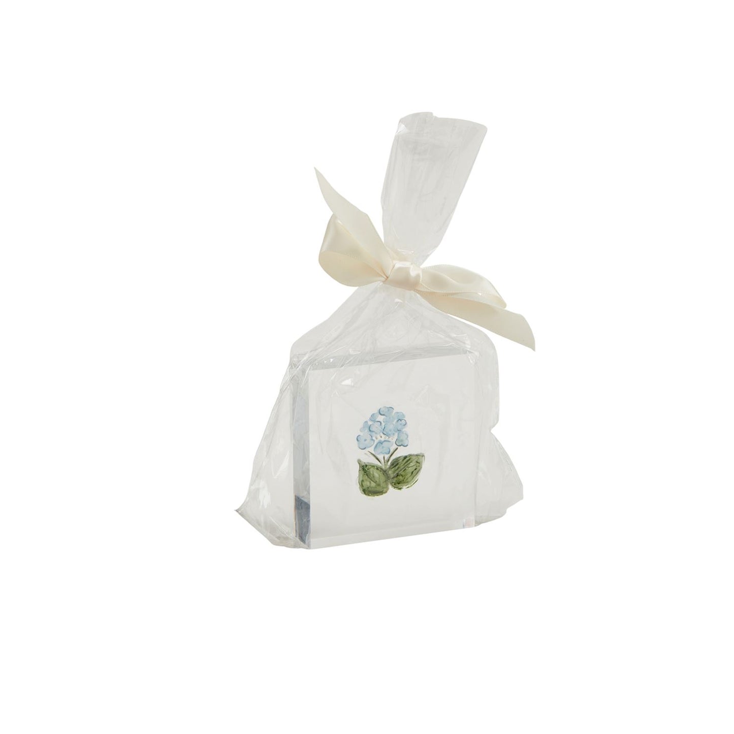 Square napkins featuring vibrant colors and a blue hydrangea design with green leaves, packaged in a Spring Acrylic Block. Sizes available: not specified.