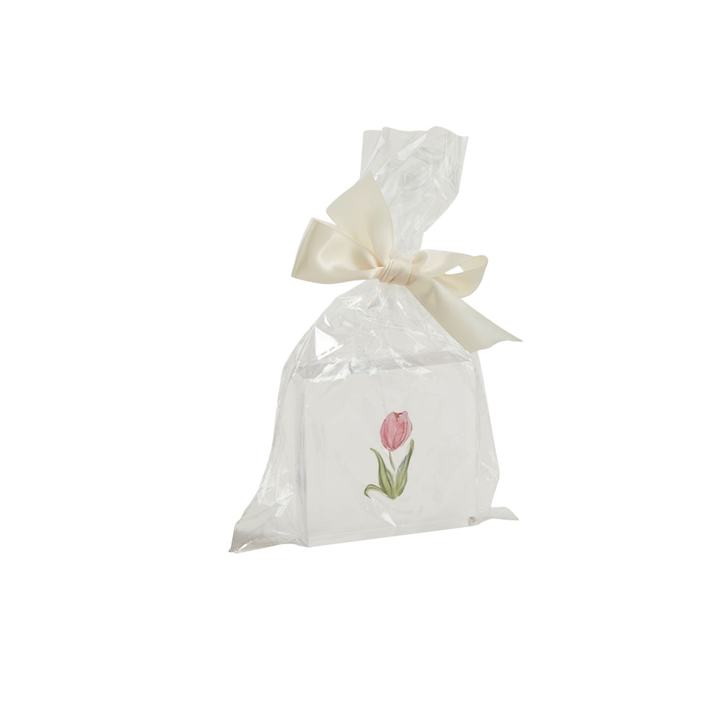 Spring Acrylic Block with napkins featuring pink tulip designs. Sizes available: Standard.