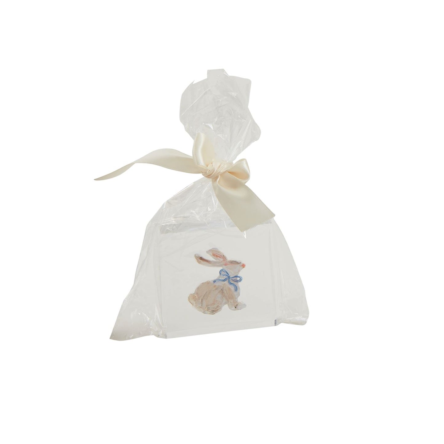 Spring Acrylic Block featuring a bunny with a blue bow on white background. Size: Small.