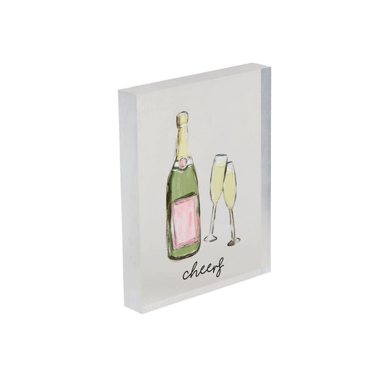Acrylic Wedding Plaque: Clear rectangular block with a hand-painted champagne bottle, two flutes, and "cheers." Available in sizes: Small, Medium, Large.