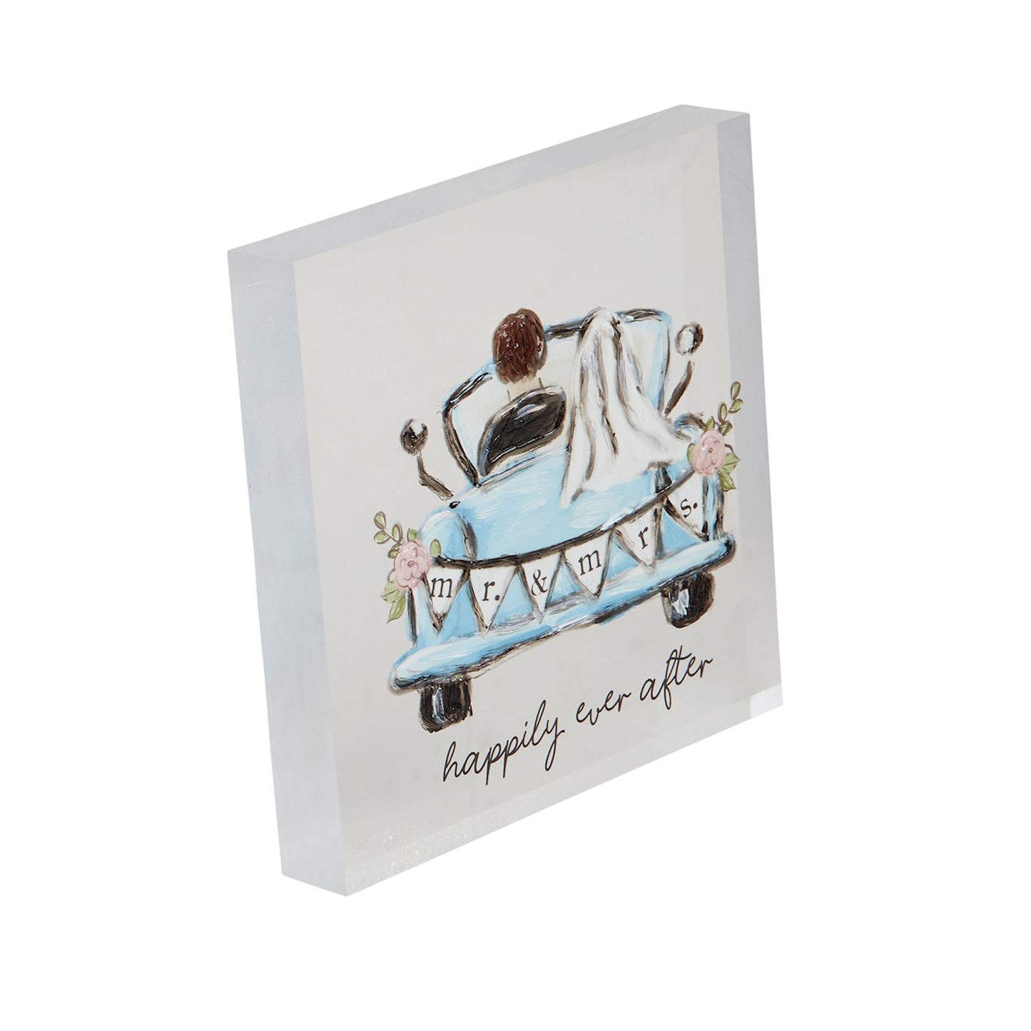 The Acrylic Wedding Plaque is a square acrylic block with a cartoon of a couple in a blue car, featuring "mr. & mrs." and pink flowers. It includes the text "happily ever after" with the veil draping over the car. Available sizes: 6x6 inches, 8x8 inches.