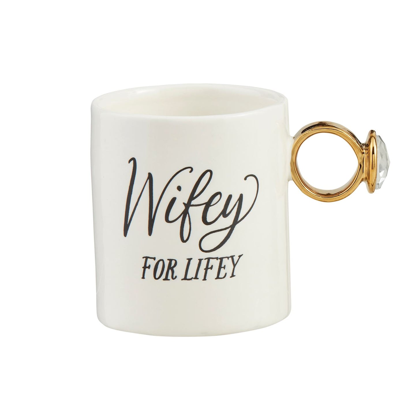 The Bridal Ring Mug is a ceramic gift for brides-to-be, featuring "Wifey for Lifey" in black cursive. It has a handle shaped like a gold ring with a clear gemstone accent. Available size: standard mug size.