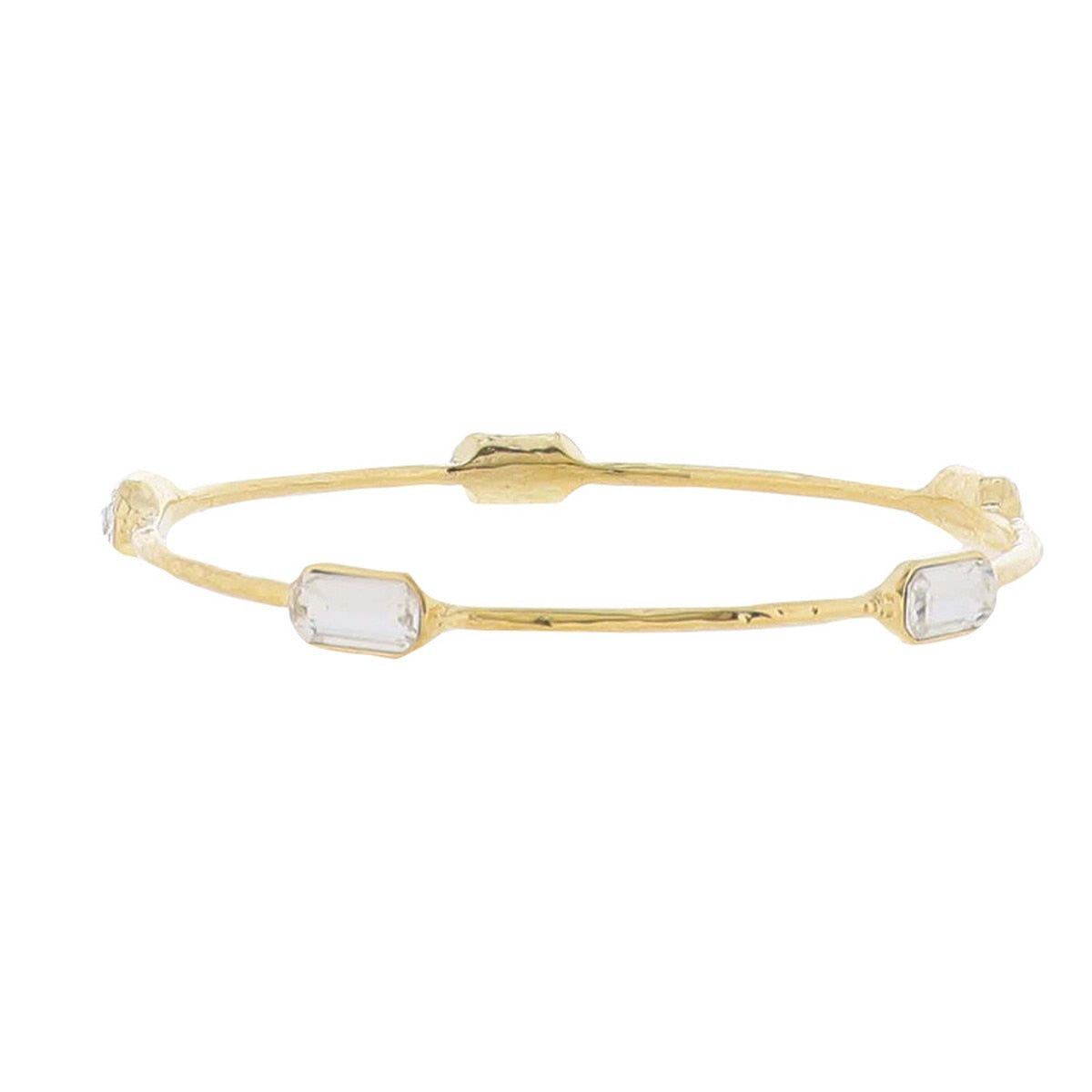 18k gold plated bangle with rectangular crystals spaced around the band. Available sizes: S, M, L.