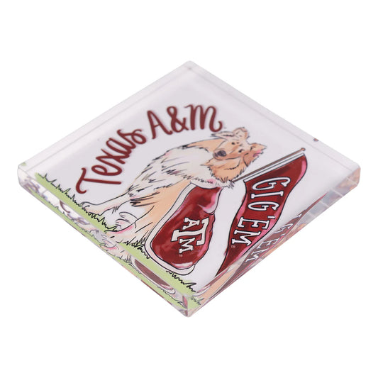 Square glass Texas A&M Mascot Napkin Weight with a dog illustration, Texas A&M pennant, and "Texas A&M" and "Gig 'Em" text. Available in multiple sizes.