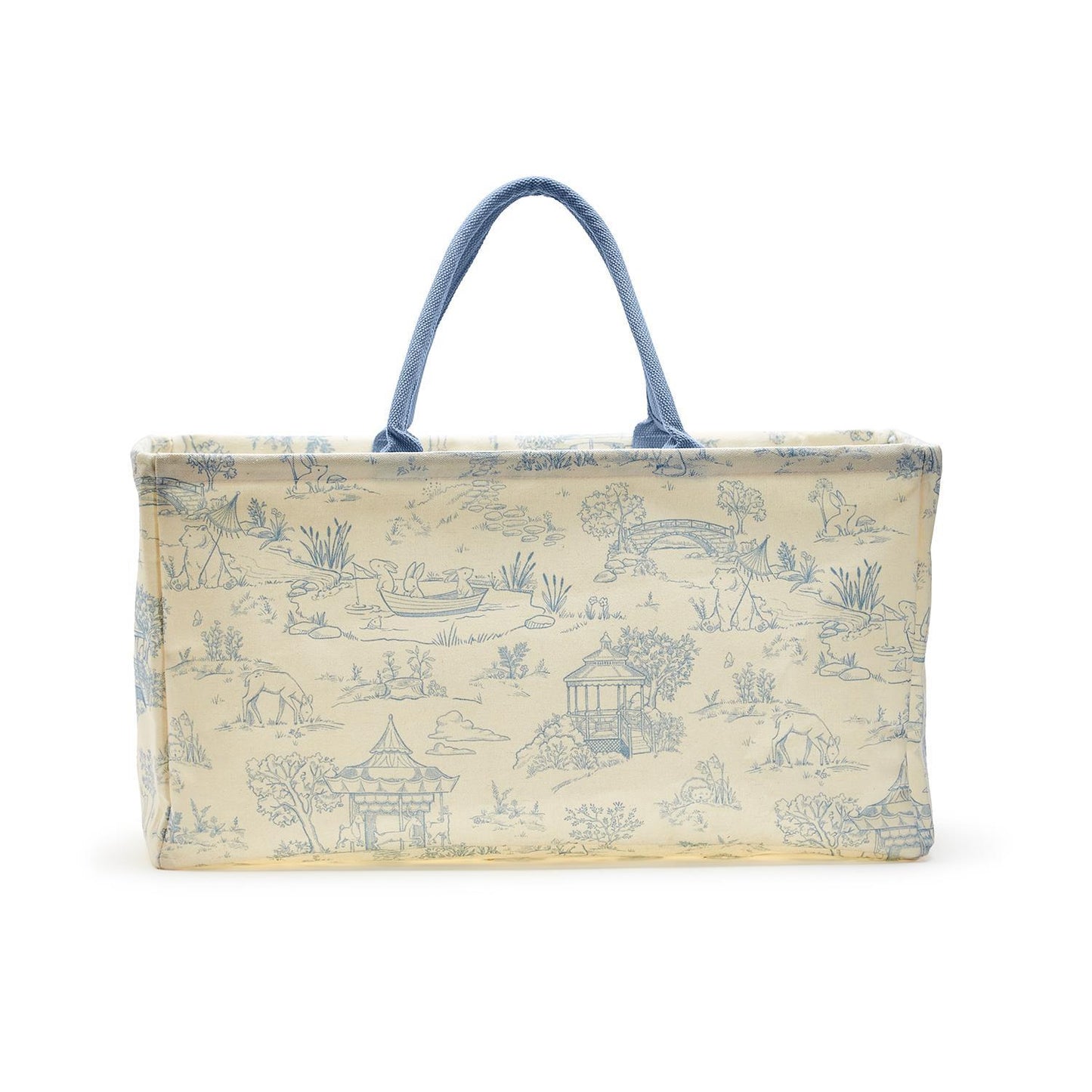 A rectangular Animal Toile Hamper/Storage Tote in beige with blue handles, featuring intricate blue pastoral and nature scenes. Ideal for nursery storage. Available sizes: Small, Medium, Large.