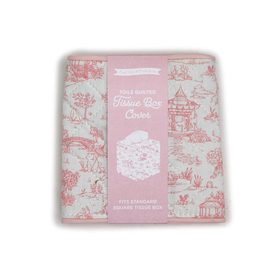 Animal Toile Quilted Tissue Box Cover: Pink and white scenic animal design. Fits standard square tissue box. Comes with pink label with white illustration.