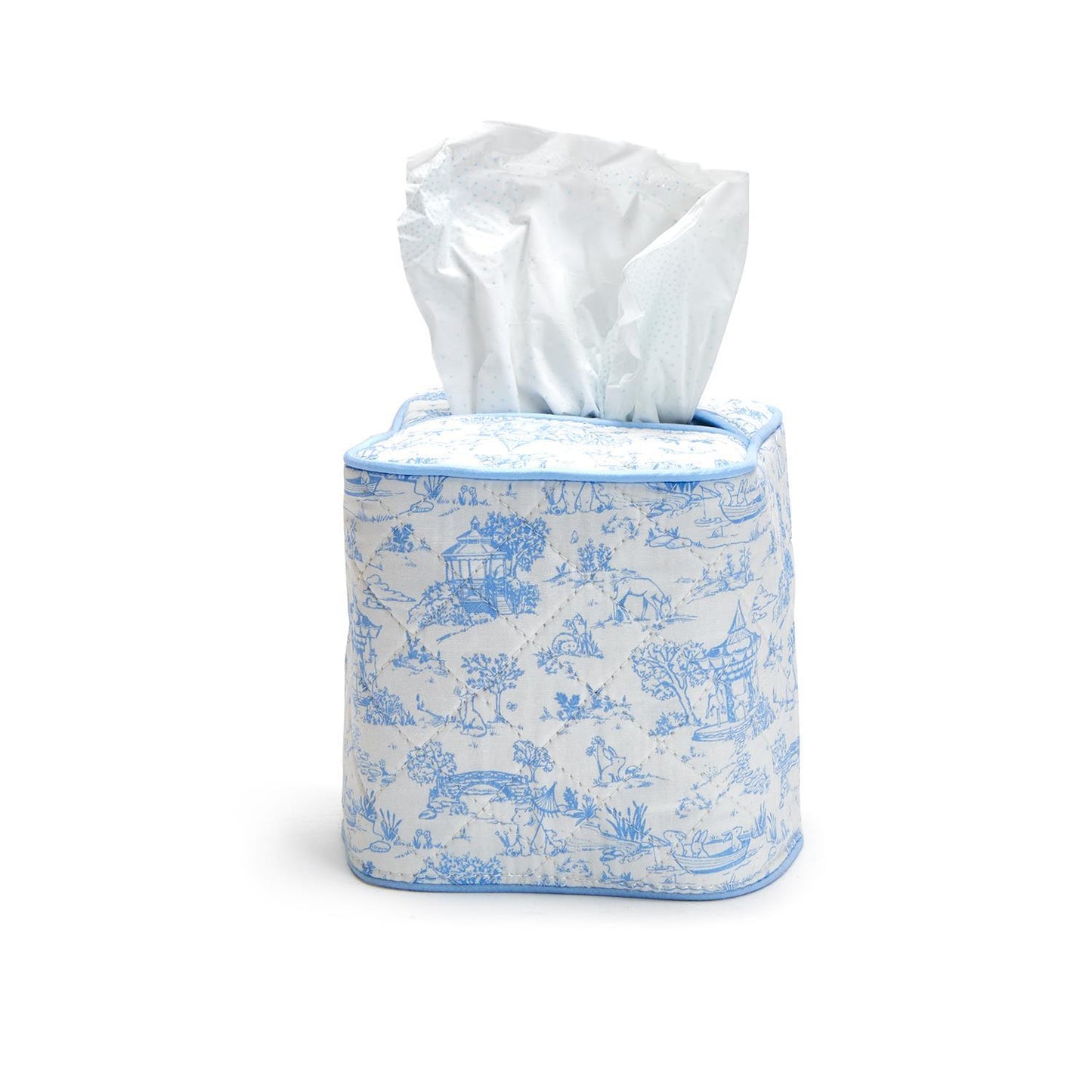 The Animal Toile Quilted Tissue Box Cover is a decorative cover with a blue and white pastoral scene pattern. It fits standard rectangular tissue boxes.