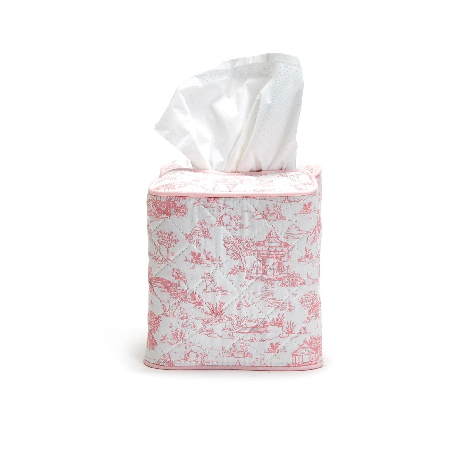 Square tissue box cover in pink and white animal toile pattern. Features scenes of people, nature, and wildlife. Available size: fits standard square tissue boxes.