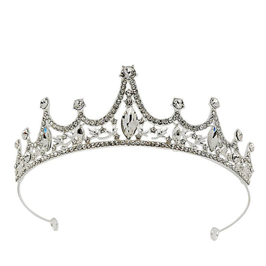 Crystal tiara, silver metal, with swooping points and medium size crystal in middle