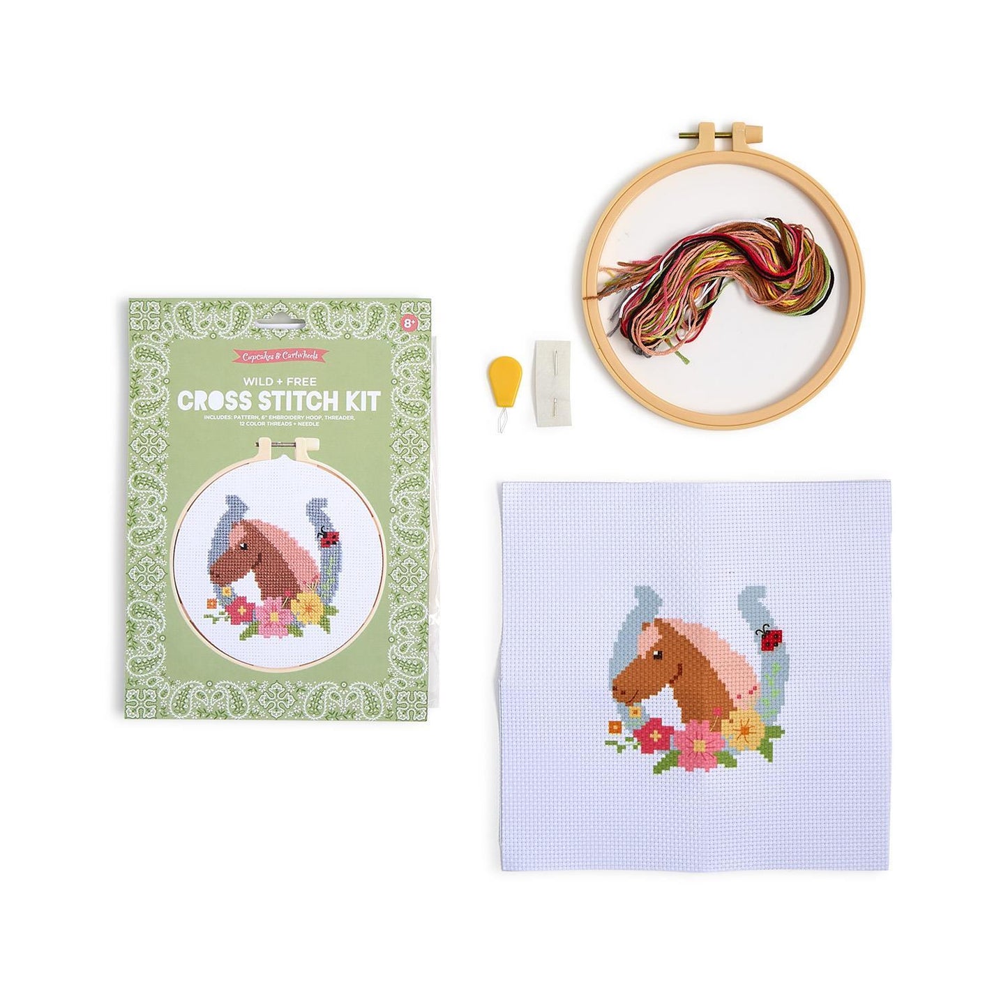 Wild & Free Cross Stitch Embroidery Craft Kit with horse-themed box, hoop, threads, and needles. Sizes available: not specified.