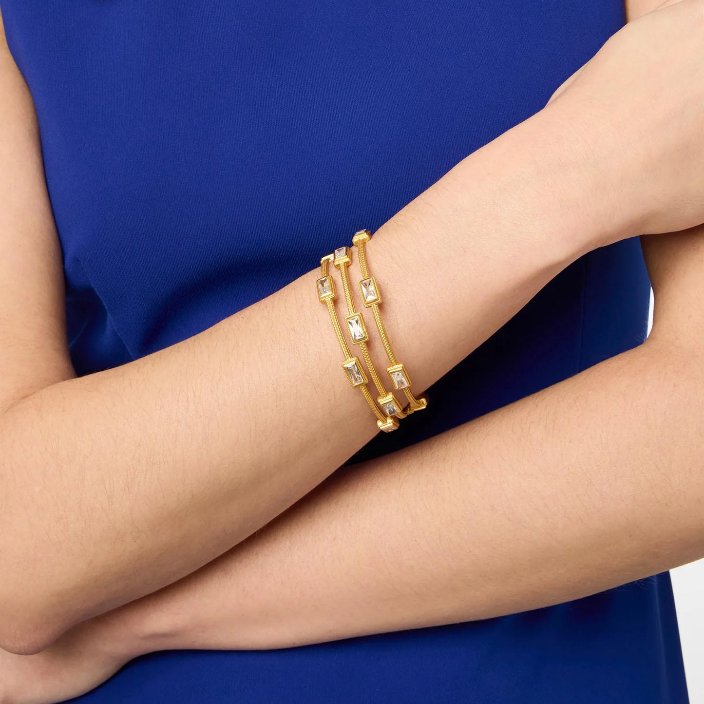 Julie Vos Baguette Bangle with rectangular and square 24K gold-plated accents. Available in S, M, L sizes.
