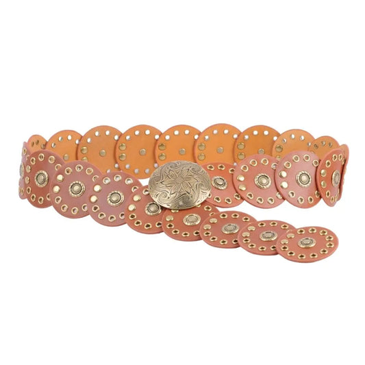 Genuine leather belt with circular segments, gold rivets, ornate gold buckle. Available in S, M, L.